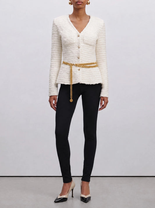 Self-portrait Textured-Knit Cardigan White