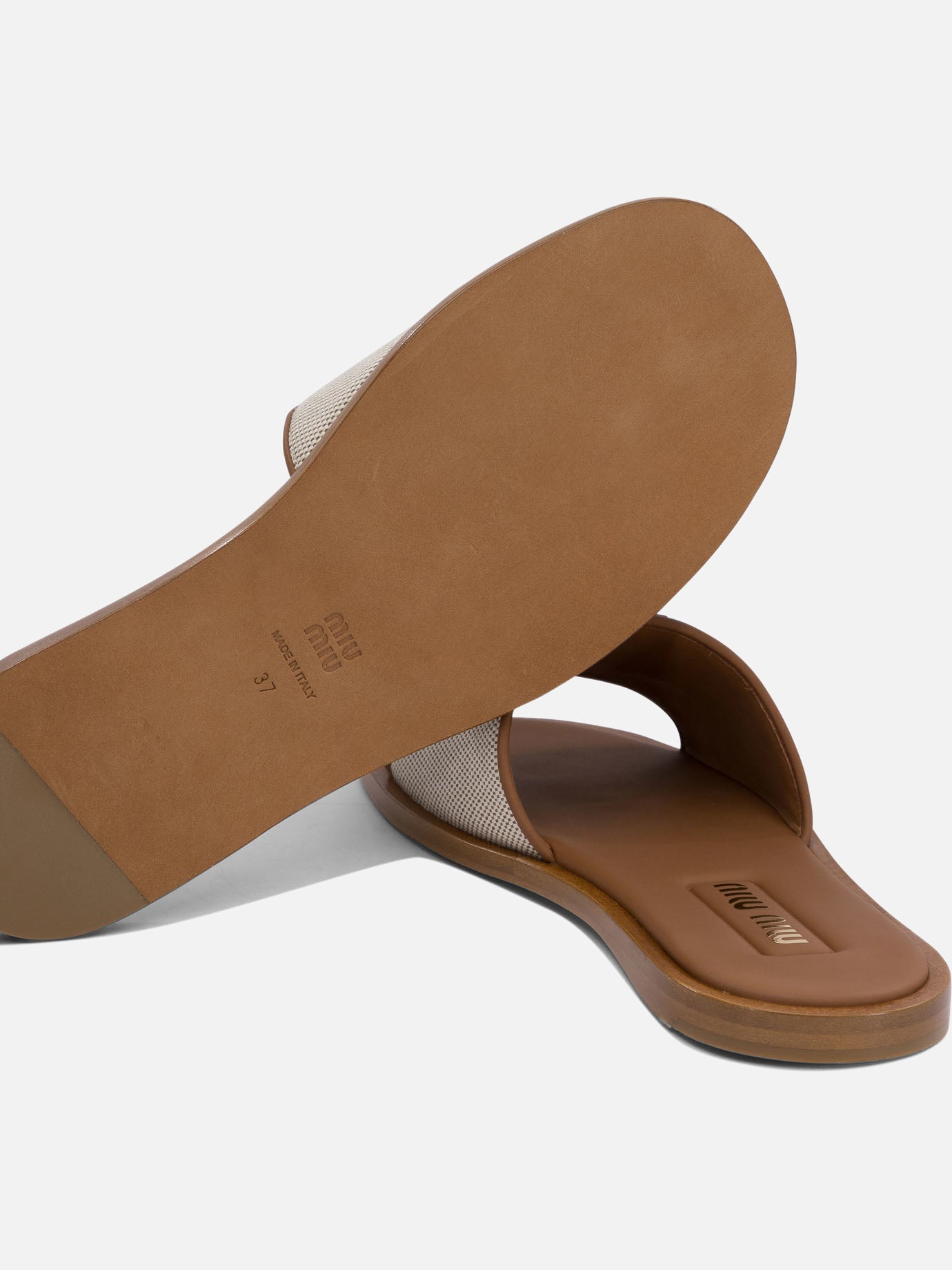 Miu Miu Leather and canvas slide with logo Brown
