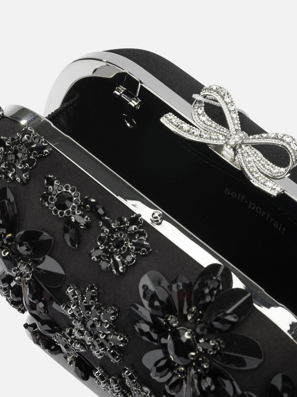 Self-portrait Satin clutch bag with crystals Black