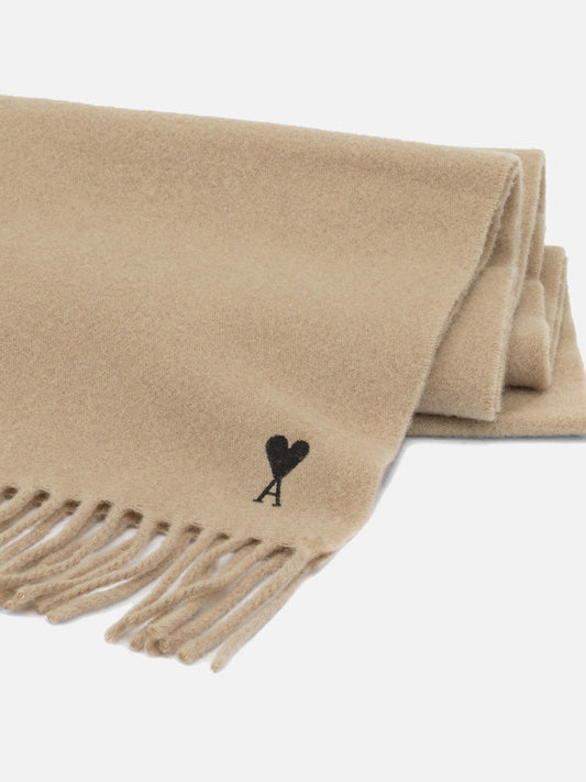 Ami Paris "Ami de Coeur" Fringed Scarf Beige