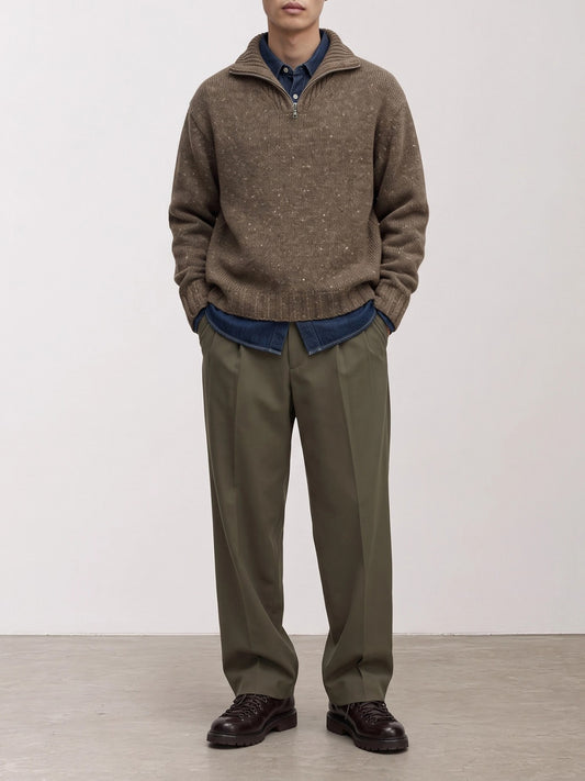 Auralee Wool Sweater with a Half-Zip Brown