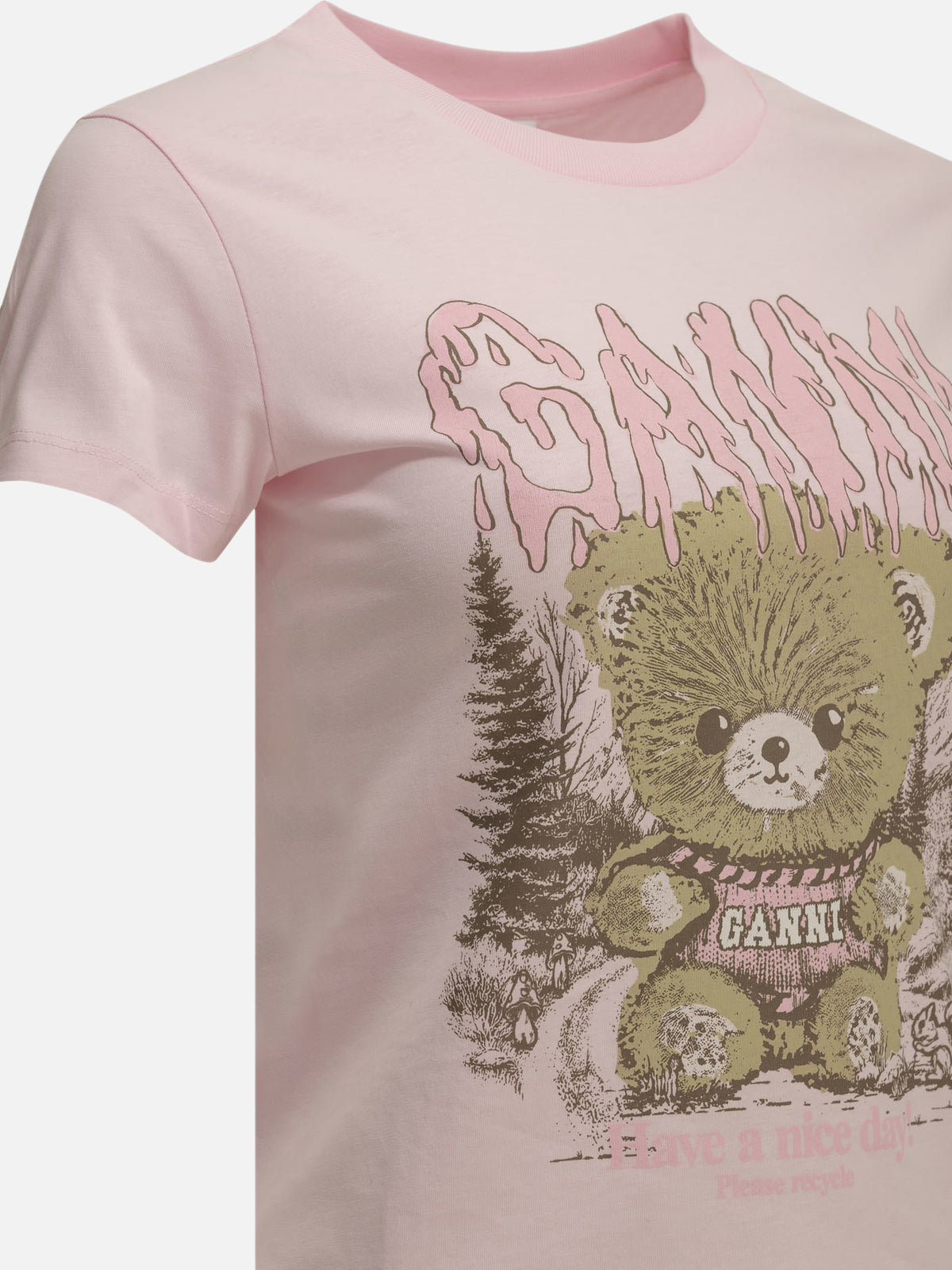 Ganni "Forest Teddy" Crew-Neck T-Shirt Pink