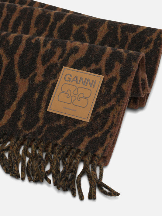 Ganni Scarf with fringes and logo Brown