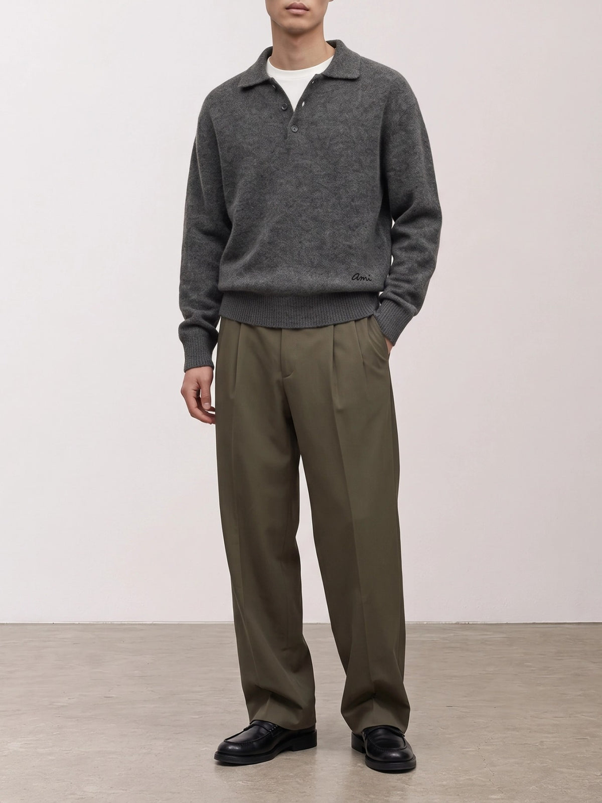 Ami Paris Polo Sweater with Logo Grey - VIETTI