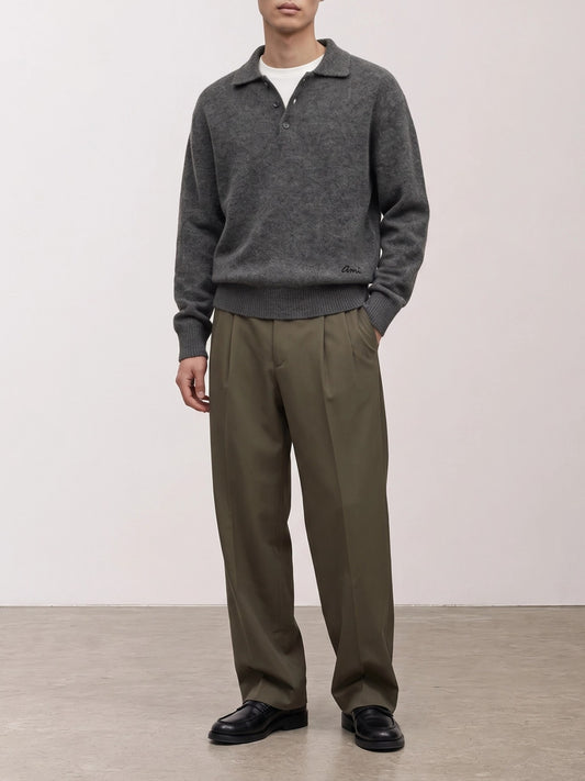 Ami Paris Polo Sweater with Logo Grey

