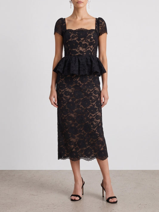 Self-portrait Midi-length sheath dress with ruffles Black

