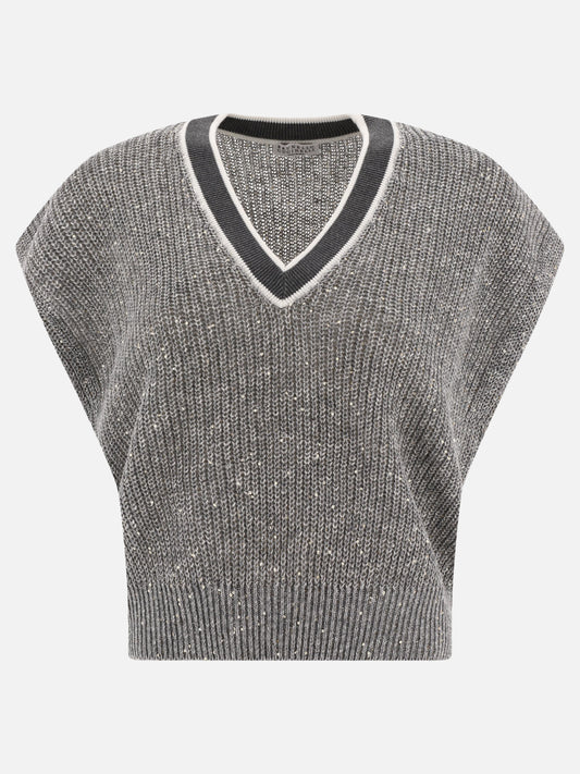 V neck sweaters 94% linen 6% nylon  Grey - Brunello Cucinelli Women | PLP | VIETTI Online Store 
