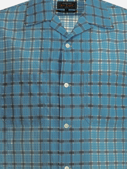 Beams Plus "Open Collar Nylon Airy Plaid" Casual Shirt Light blue

