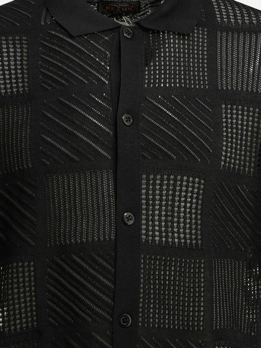 Beams Plus Textured knit button-down polo shirt Black

