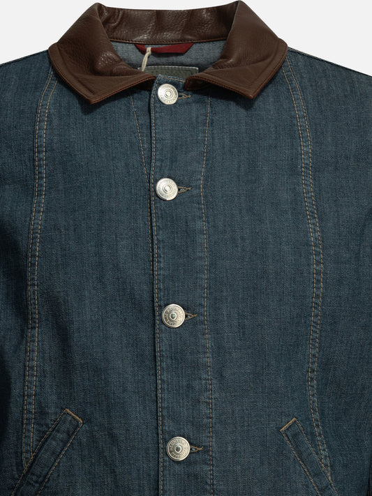 Brunello Cucinelli Denim jacket with leather collar Blue

