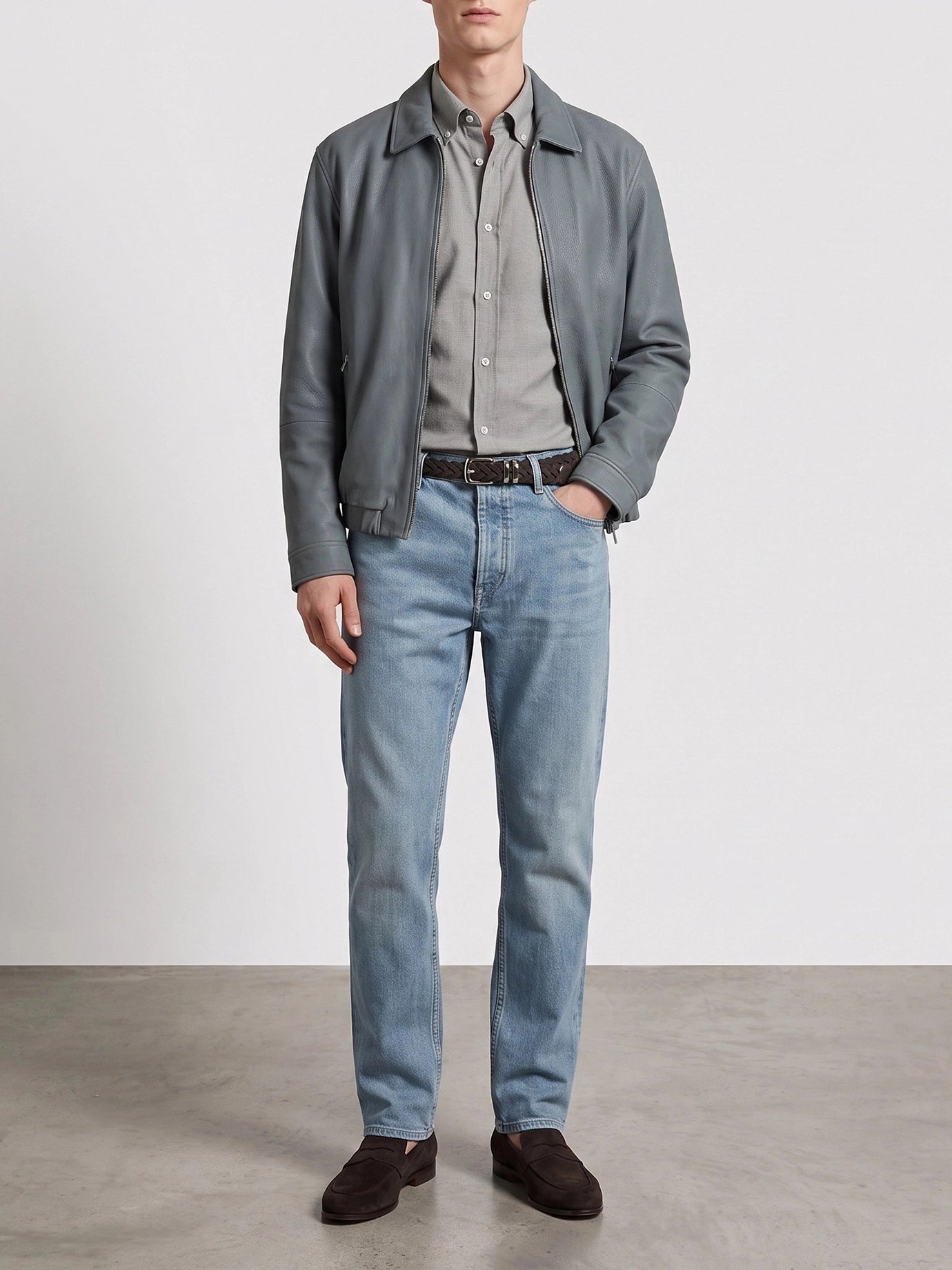 Leather jackets Solid colour  Light blue - Brunello Cucinelli Men | PDP | VIETTI Online Store | thumbnail_2