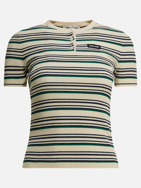 Miu Miu Striped serafino T-shirt with logo Beige - Women | VIETTI