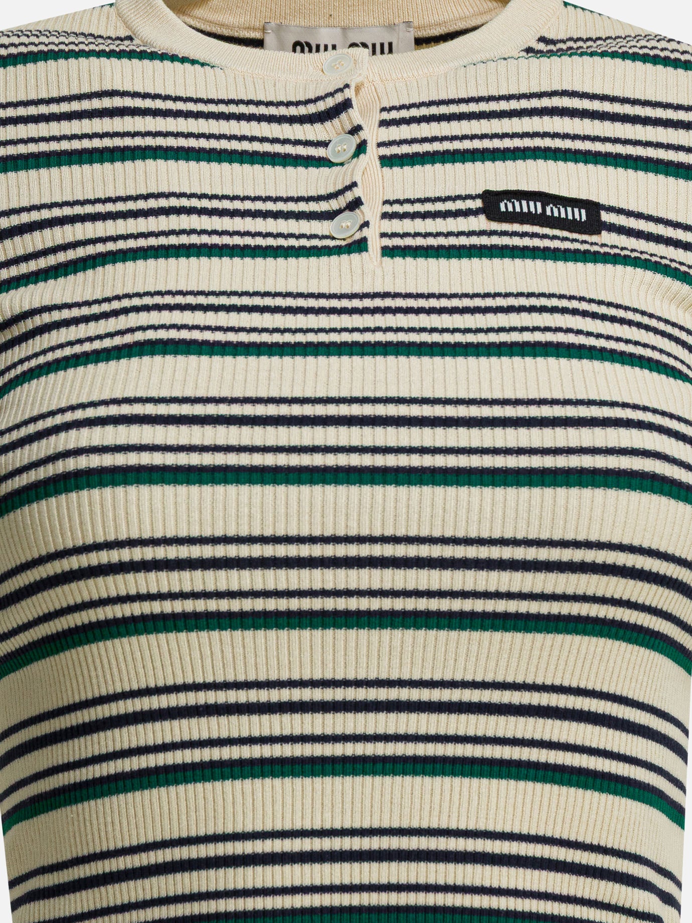 Miu Miu Striped serafino T-shirt with logo Beige - Women | VIETTI