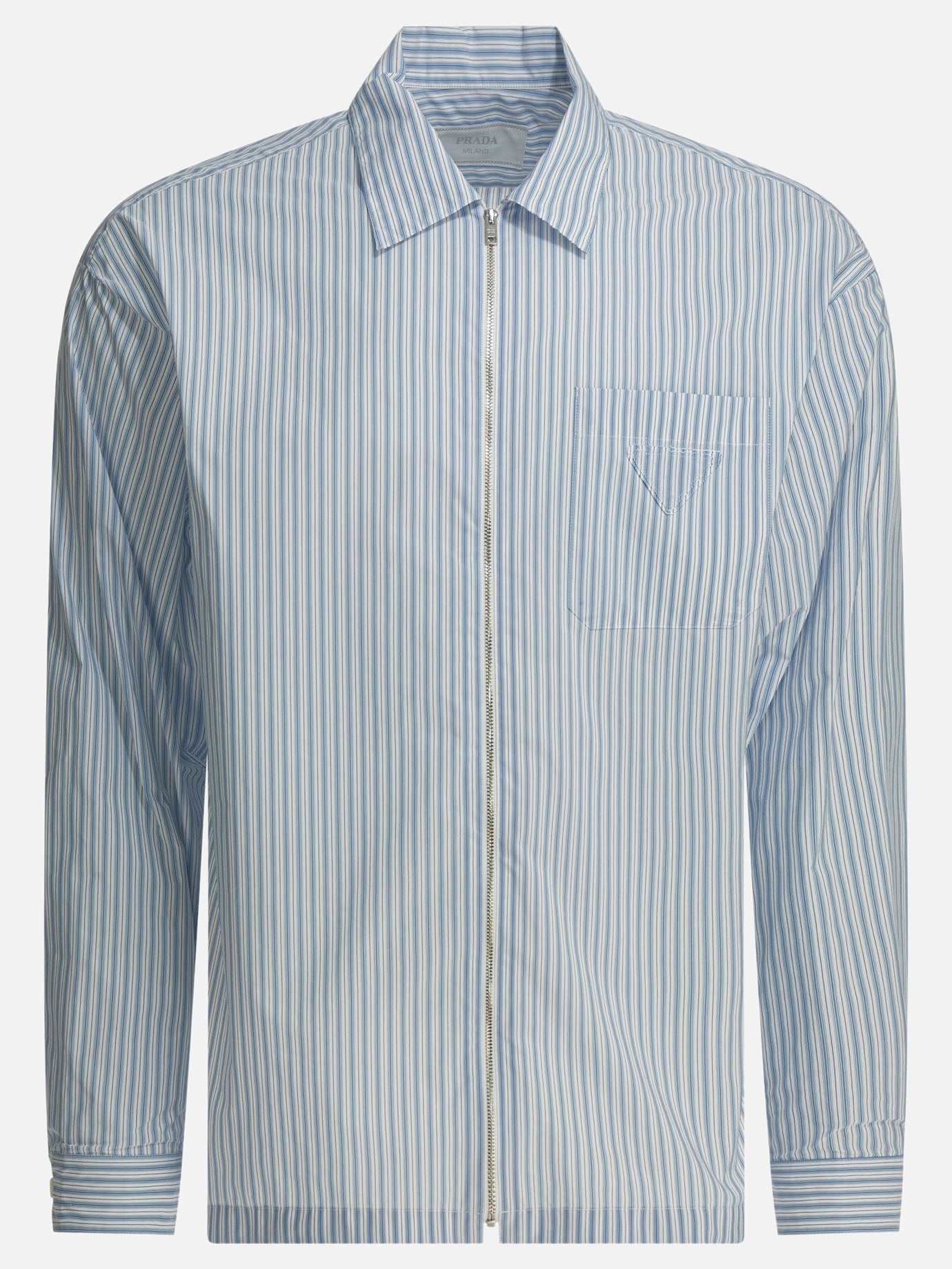 prada dress shirts Striped shirt with zipper Light blue - Men Men's Short Sleeve Dress classic collar no-returns:2024-12-25_2024-12-31 Size:16.5 (36/37)