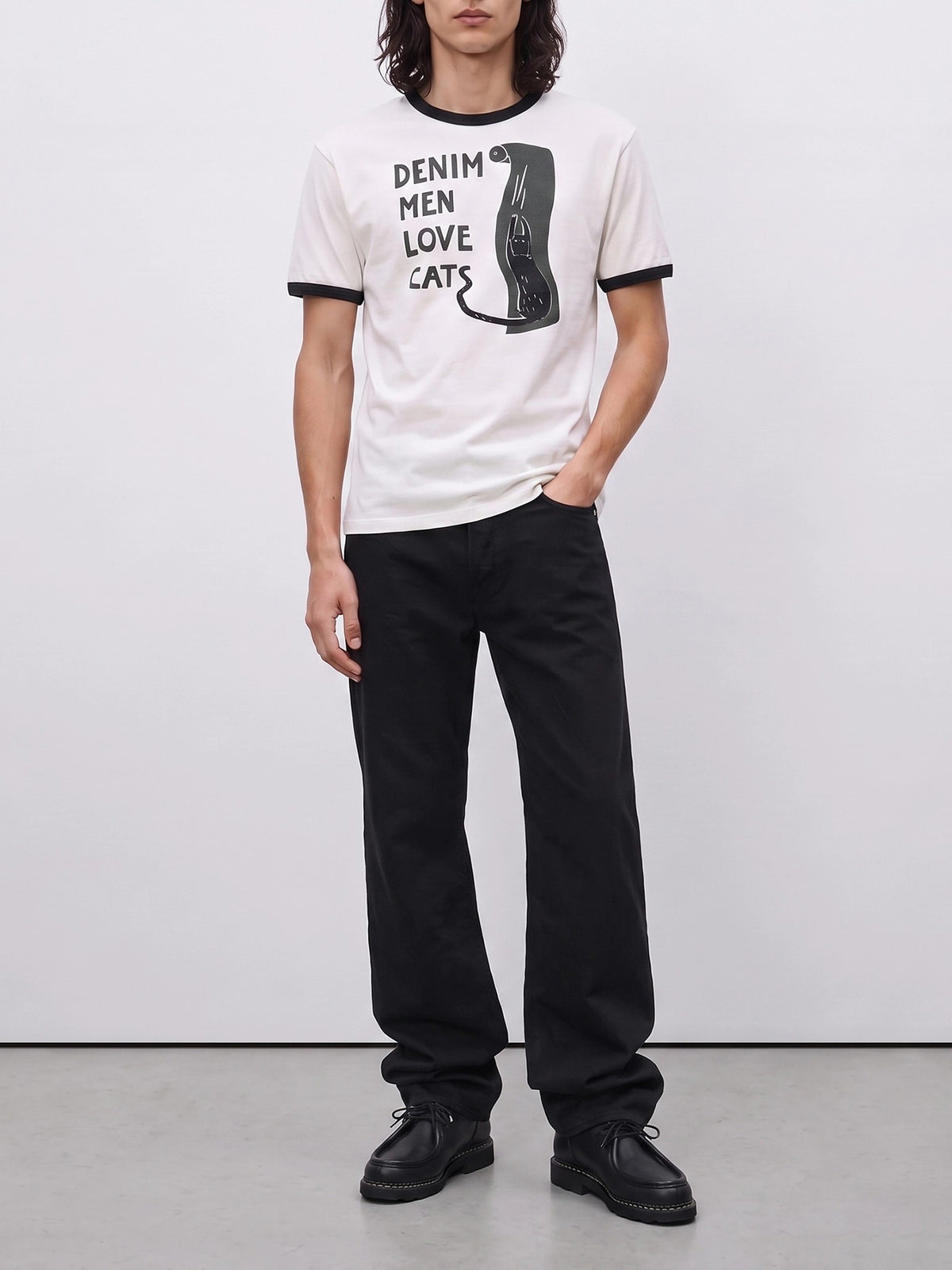 KAPITAL "Ring (Denim Men Love Cats)" Crew-Neck T-Shirt White - VIETTI