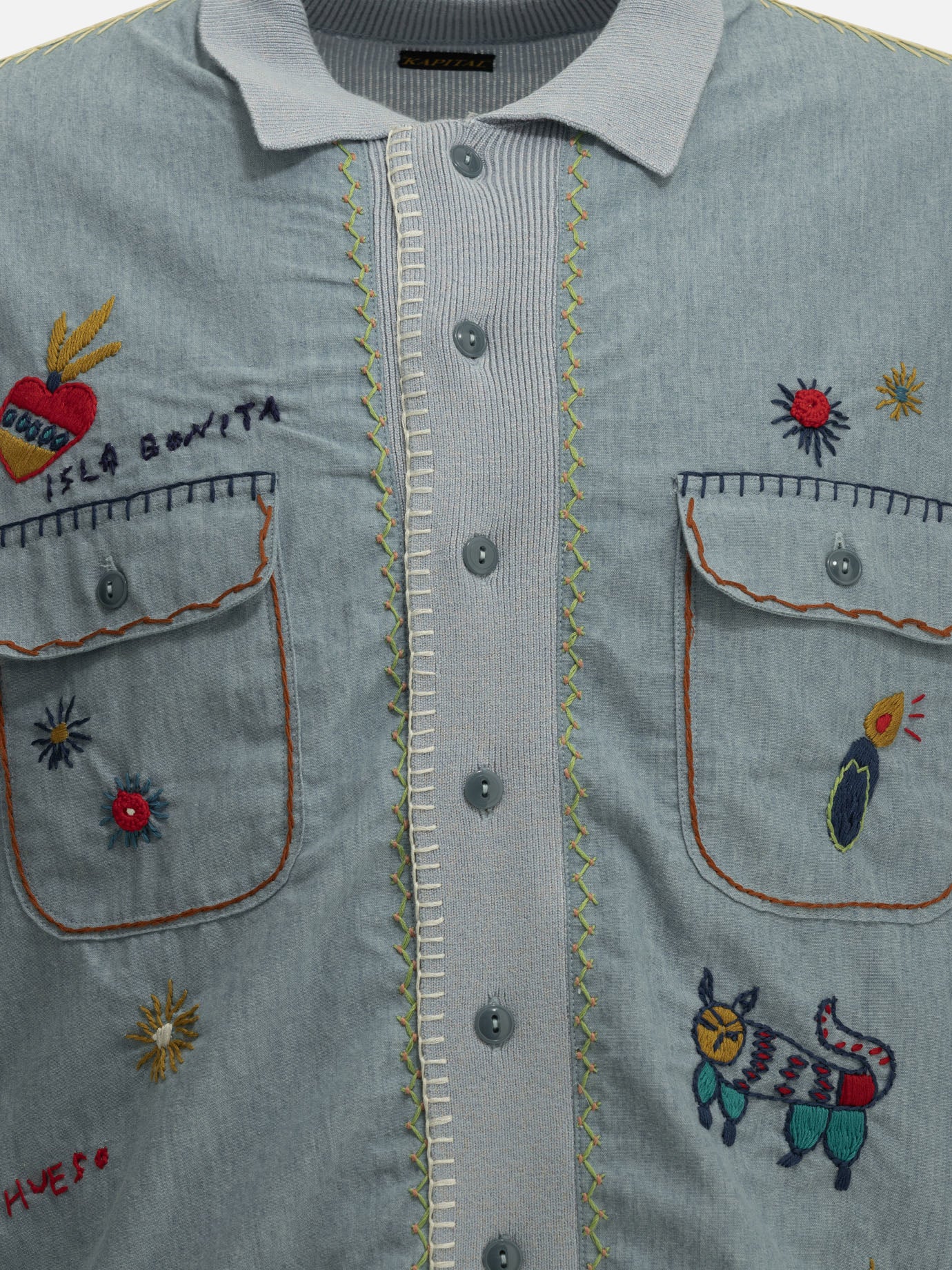 Polo shirts with buttons Textured knit  Light blue - KAPITAL Men | PDP | VIETTI Online Store | thumbnail_3