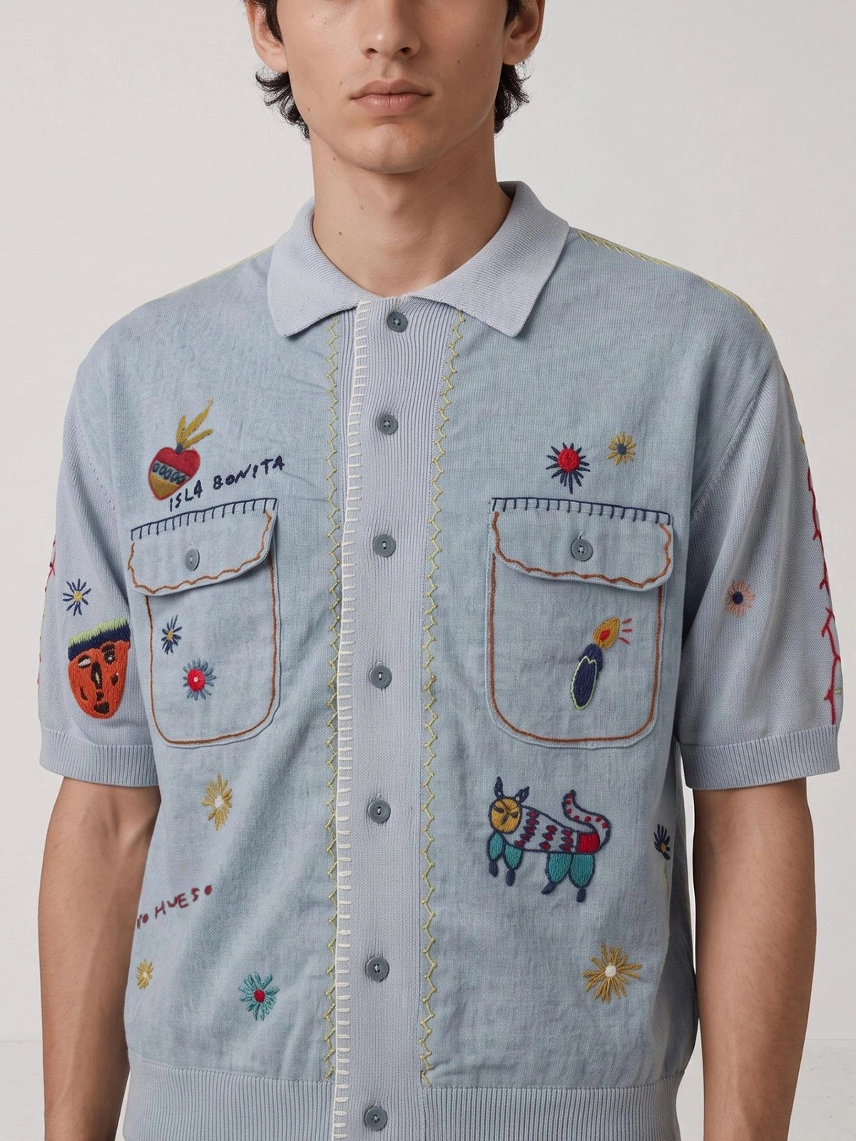 KAPITAL "Kapital Knit x Chambray Polo Shirt Isla Bonita" Casual Shirt Light blue - VIETTI