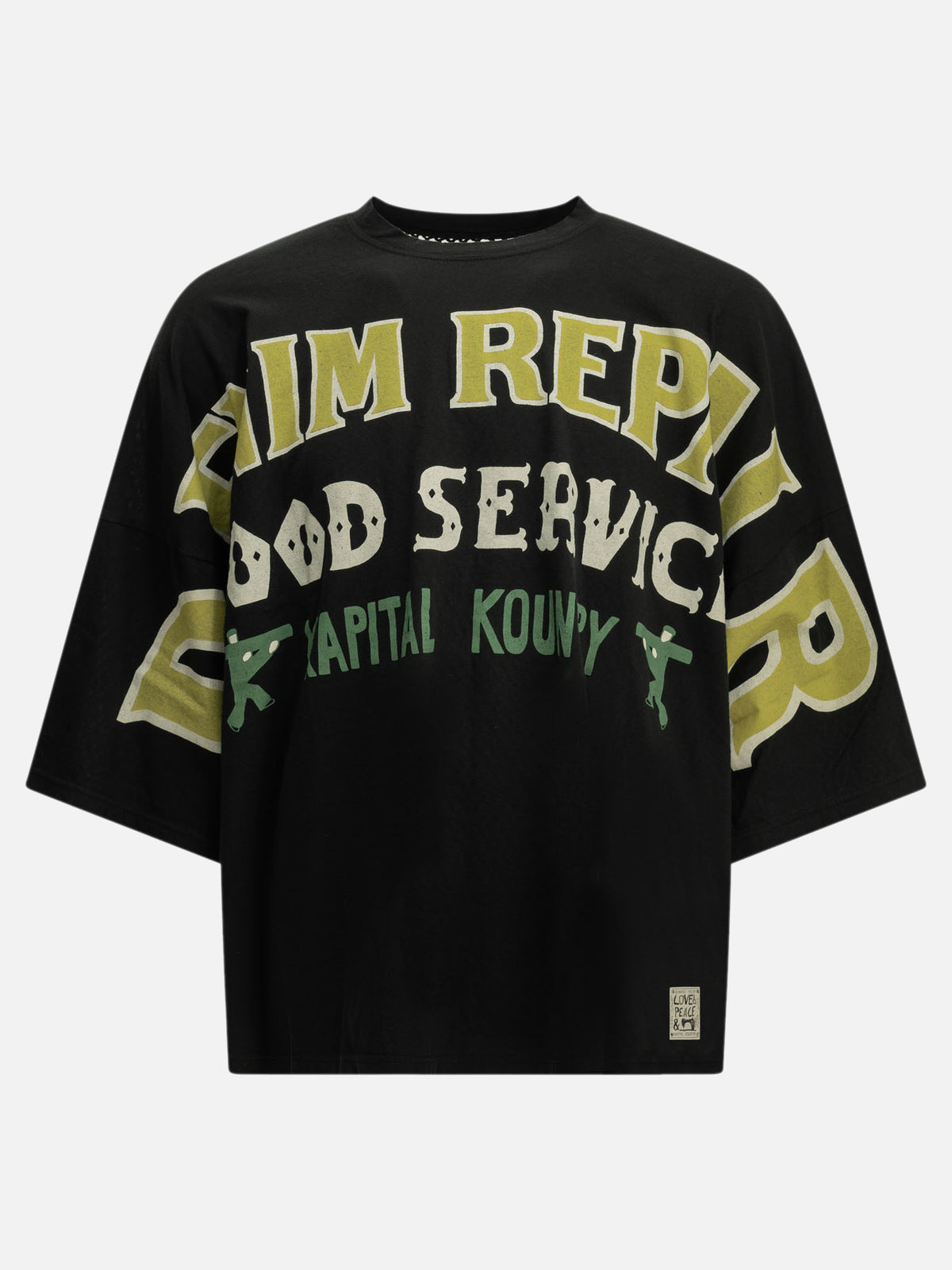 KAPITAL "Huge T Denim Repair" Crew Neck T-Shirt Black - VIETTI