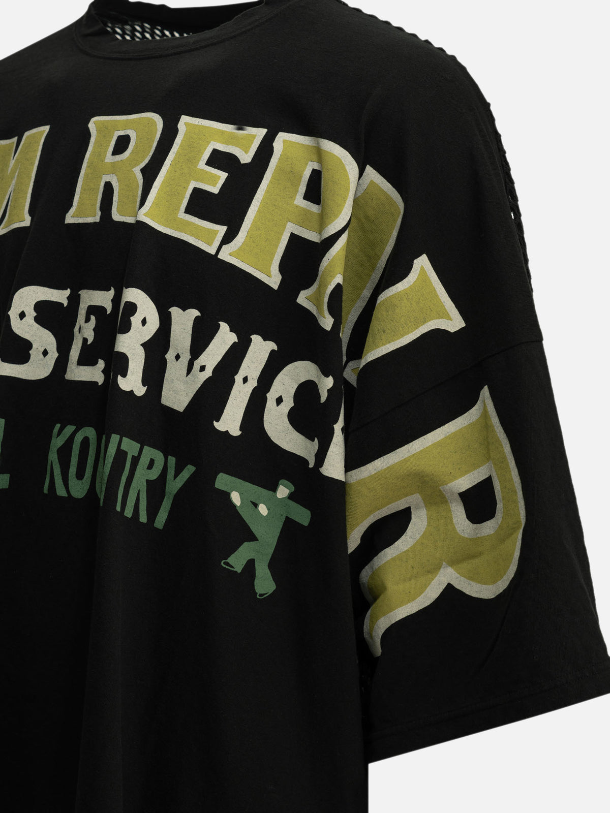 KAPITAL "Huge T Denim Repair" Crew Neck T-Shirt Black - VIETTI