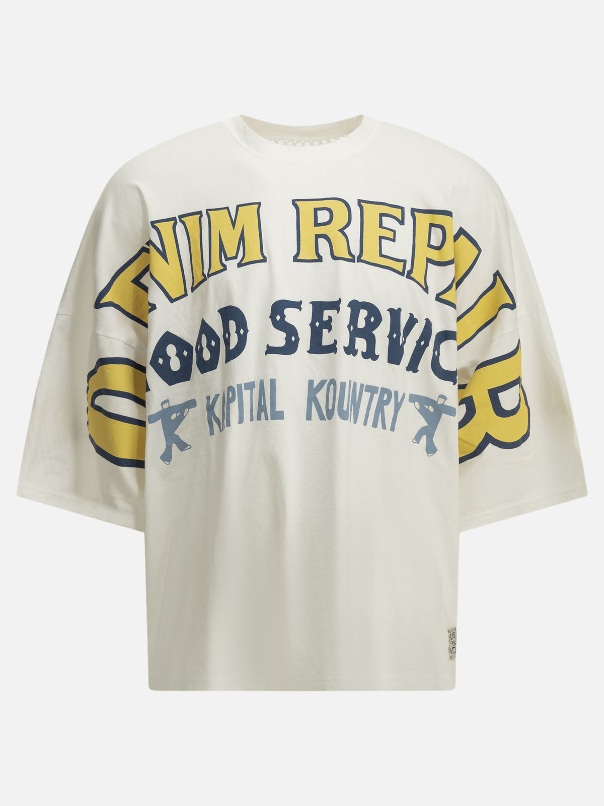 KAPITAL "Huge T Denim Repair" Crew Neck T-Shirt White

