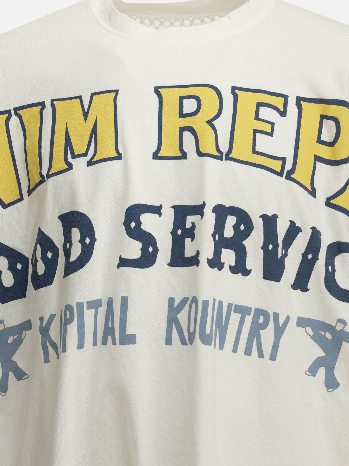 KAPITAL "Huge T Denim Repair" Crew Neck T-Shirt White - VIETTI
