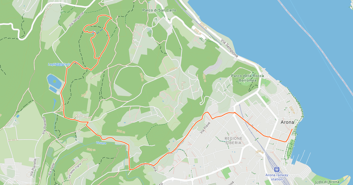 Strava map of the 10.8 km long route, a loop starting and finishing at VIETTI in Arona