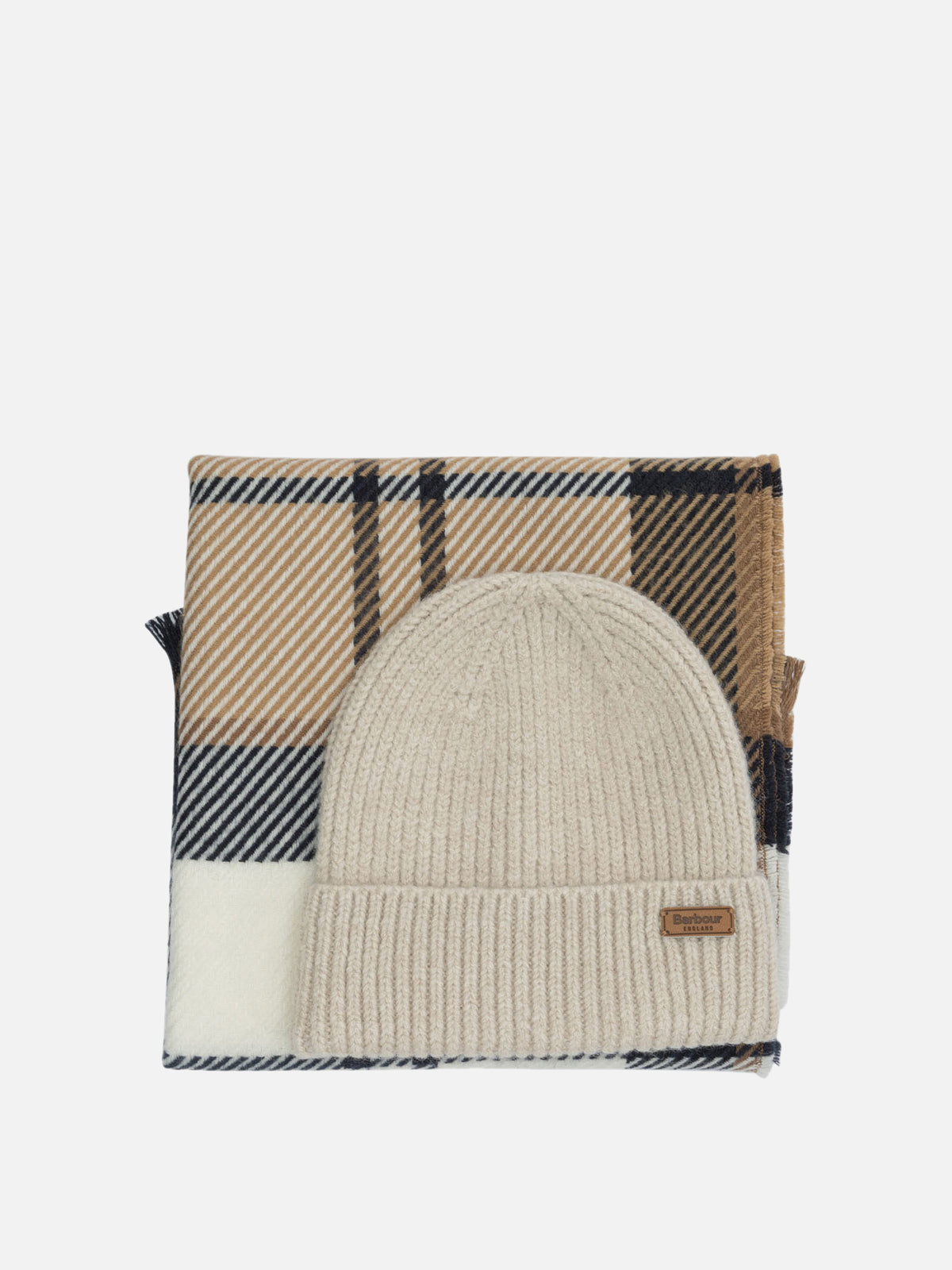 Barbour "Pendle" beanie and "Blair" scarf set. Beige