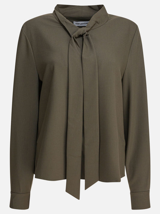 Self-portrait Twill blouse with bow collar Green


