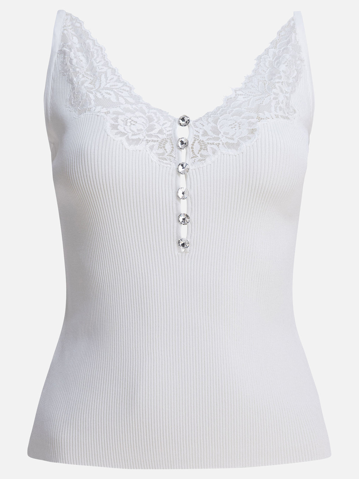 Self-portrait Ribbed tank top with lace neckline White