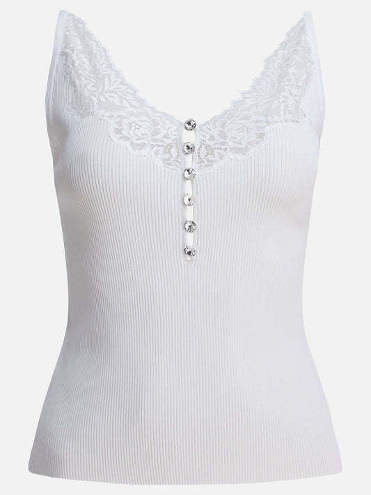 Self-portrait Ribbed tank top with lace neckline White

