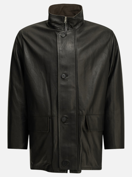 Auralee Short, reversible wool and leather coat Brown

