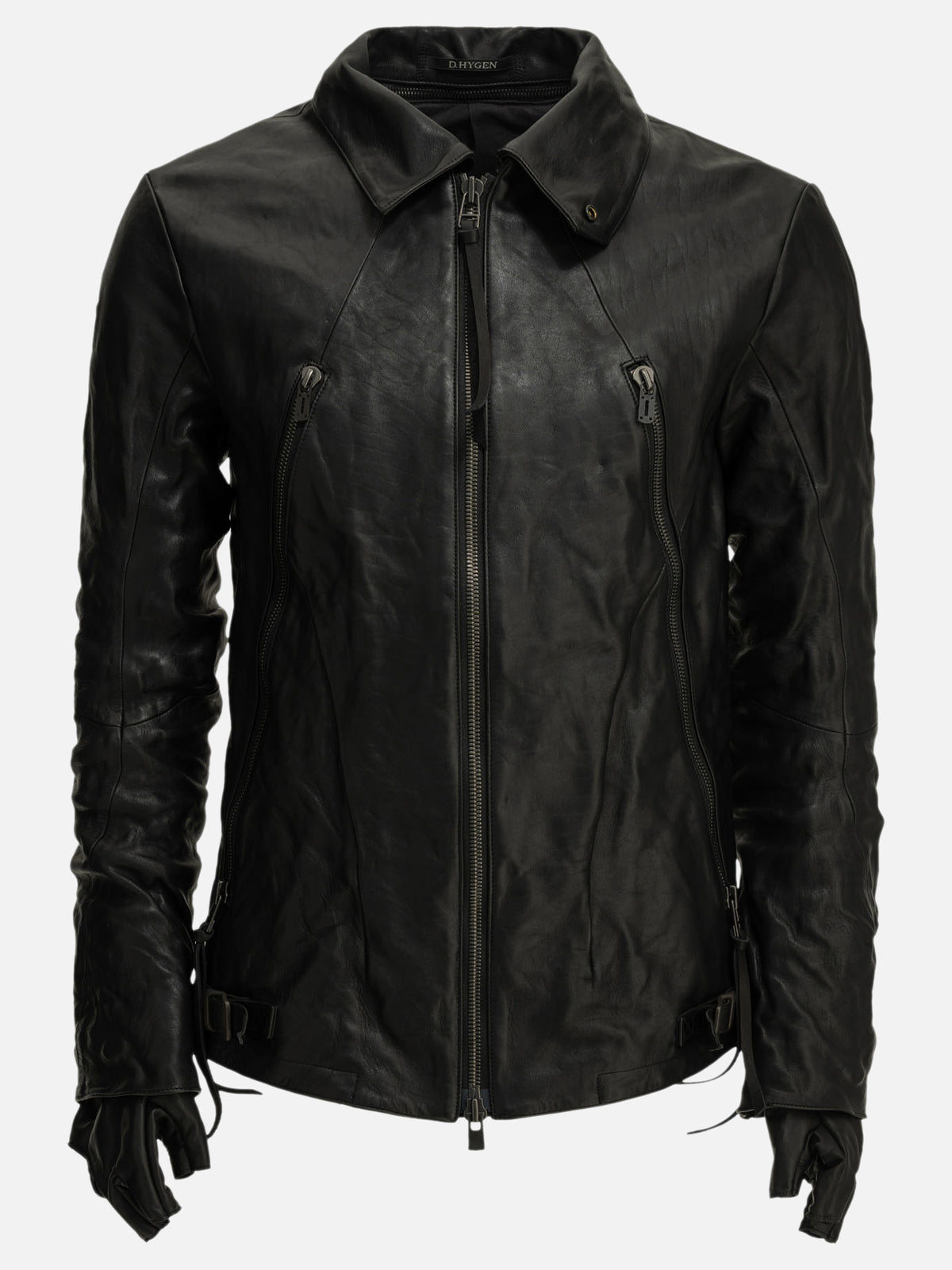 D.HYGEN Leather jacket with a detachable collar and gloves Black