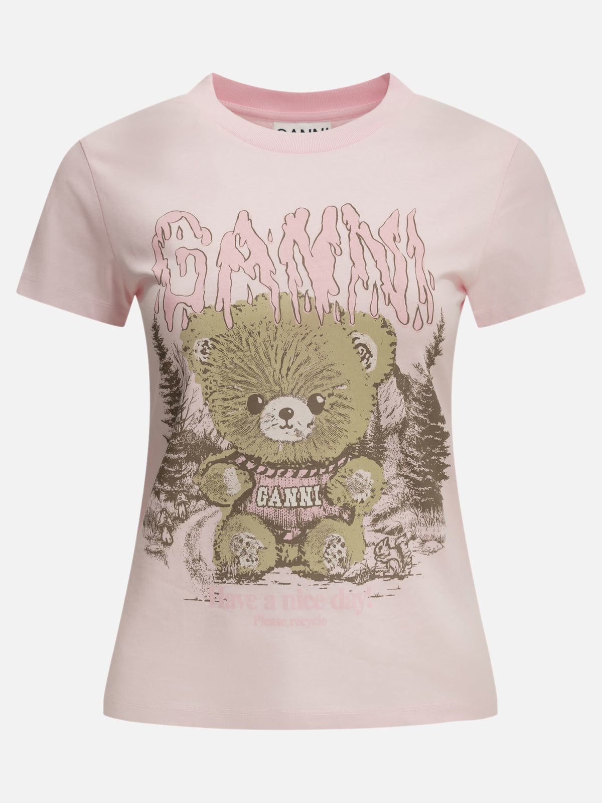 Ganni "Forest Teddy" Crew-Neck T-Shirt Pink - VIETTI