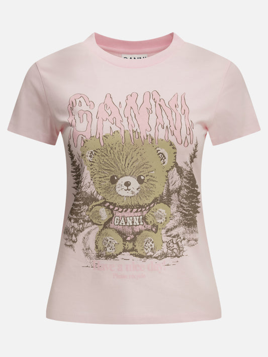Ganni "Forest Teddy" Crew-Neck T-Shirt Pink


