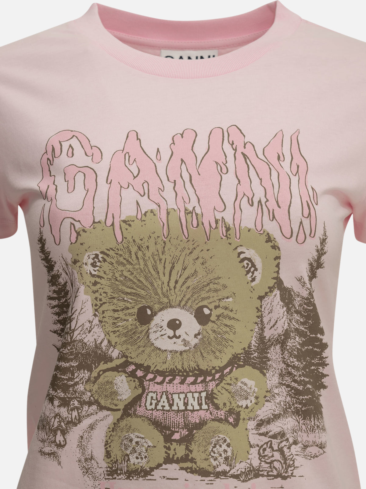 Ganni "Forest Teddy" Crew-Neck T-Shirt Pink - VIETTI