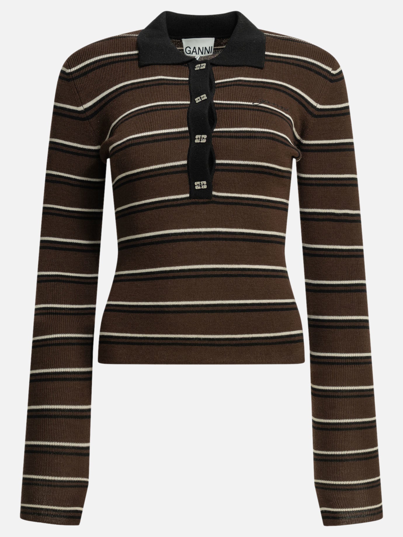 Polo sweater Striped  Brown - Ganni Women | PDP | VIETTI Online Store | thumbnail