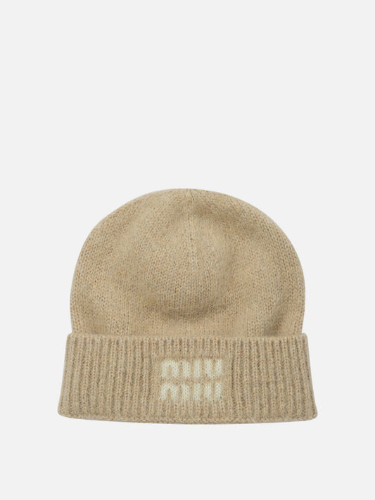 Miu Miu Mohair beanie with logo Beige

