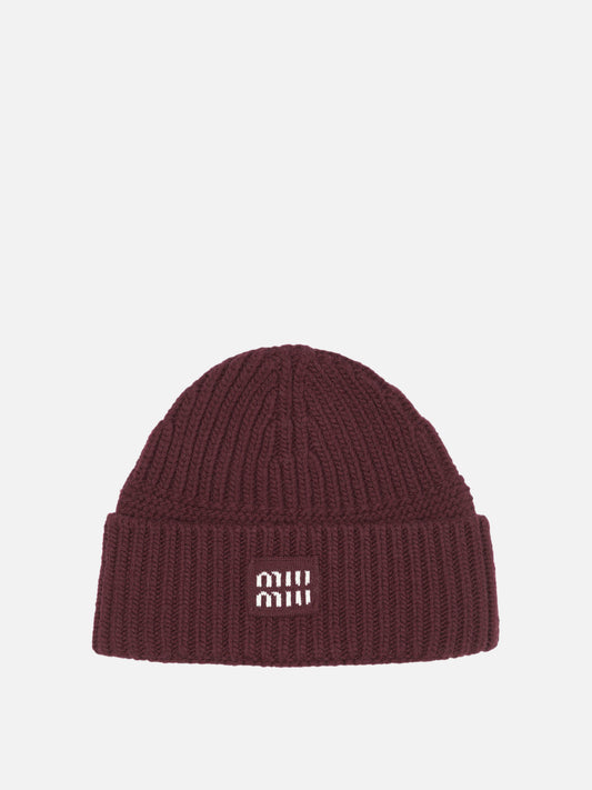 Miu Miu Wool and cashmere beanie with logo Bordeaux

