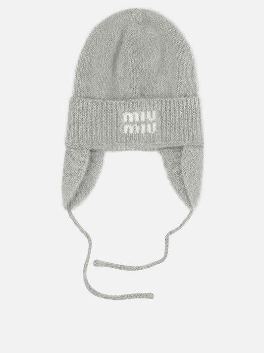 Miu Miu Beanie with earflaps and logo Grey

