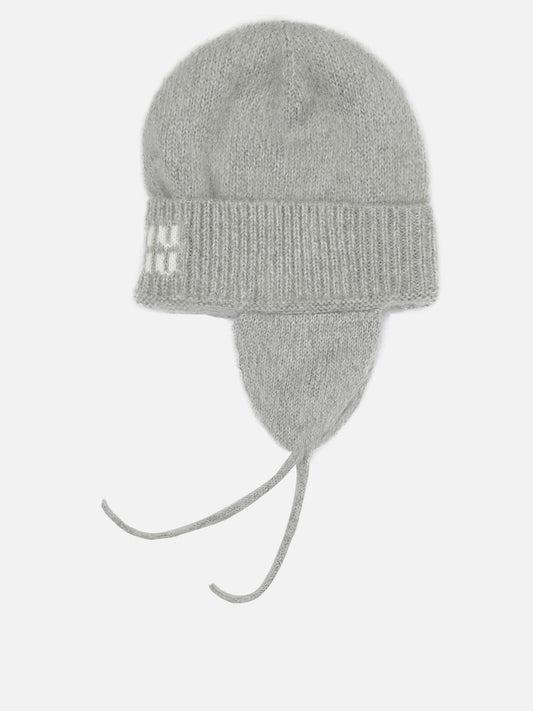 Miu Miu Beanie with earflaps and logo Grey

